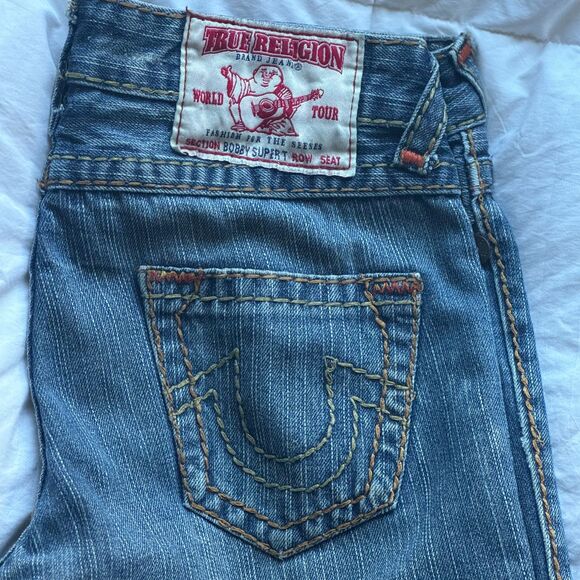 True Religion Bobby Super T Jeans 29 Made in USA Distressed Raw Hem Thick Stitch - Picture 4 of 14